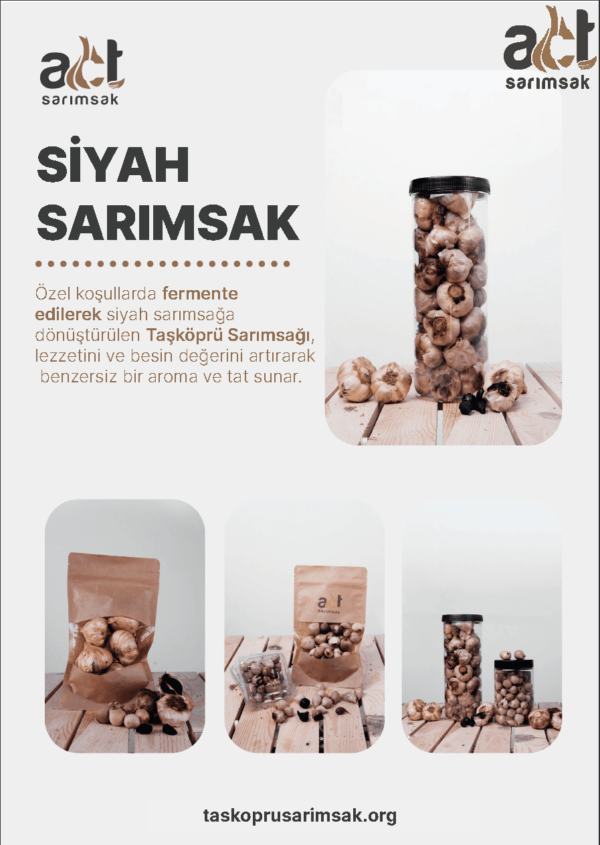 Hakiki taşköprü sarımsağından yapılan, zengin lezzet ve yüksek besleyicilik için ustalıkla fermente edilen Siyah Sarımsak'ı (1000GR) keşfedin. Bütün siyah sarımsak soğanları ile kavanozlarda ve torbalarda mevcuttur. Daha fazla bilgi için taskoprusarimsak.org.