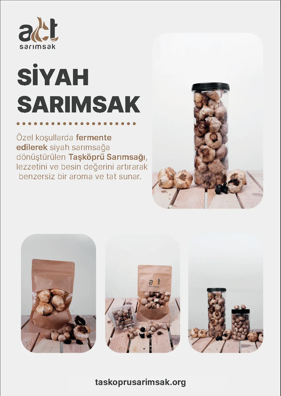 Hakiki taşköprü sarımsağından yapılan, zengin lezzet ve yüksek besleyicilik için ustalıkla fermente edilen Siyah Sarımsak'ı (1000GR) keşfedin. Bütün siyah sarımsak soğanları ile kavanozlarda ve torbalarda mevcuttur. Daha fazla bilgi için taskoprusarimsak.org.